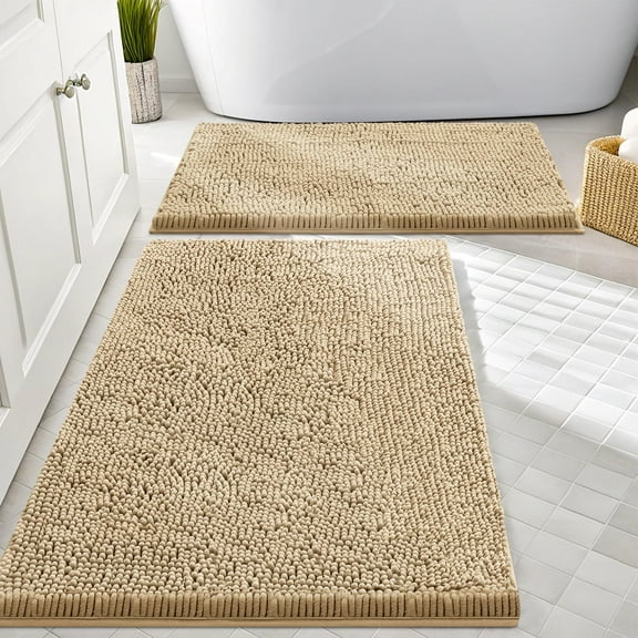 Smiry Bathroom Rugs Sets 2 Piece, Soft Absorbent Chenille Bath Rug Set, Non Slip Machine Washable Shaggy Bath Mats for Tub, Shower, and Floor (30x20 24x16, Beige)