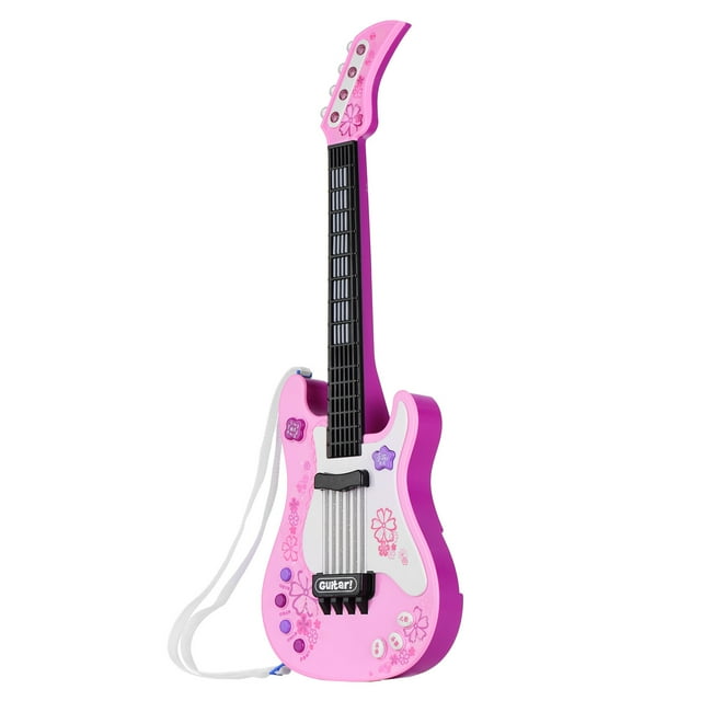 Guitarra infantil con luces interactivas y múltiples sonidos, ideal para pequeños músicos. Disponible en color rosa, sin pilas incluidas.