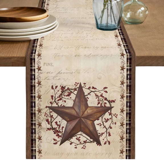 Table Runner 90 Inches Long for Kitchen Dining, Texas Star Vintage Dresser Scarf Farmhouse, Dining Table Decorations for Wedding/Parties, Brown Retro Art Red Berry Farmhouse 13 x 90 In