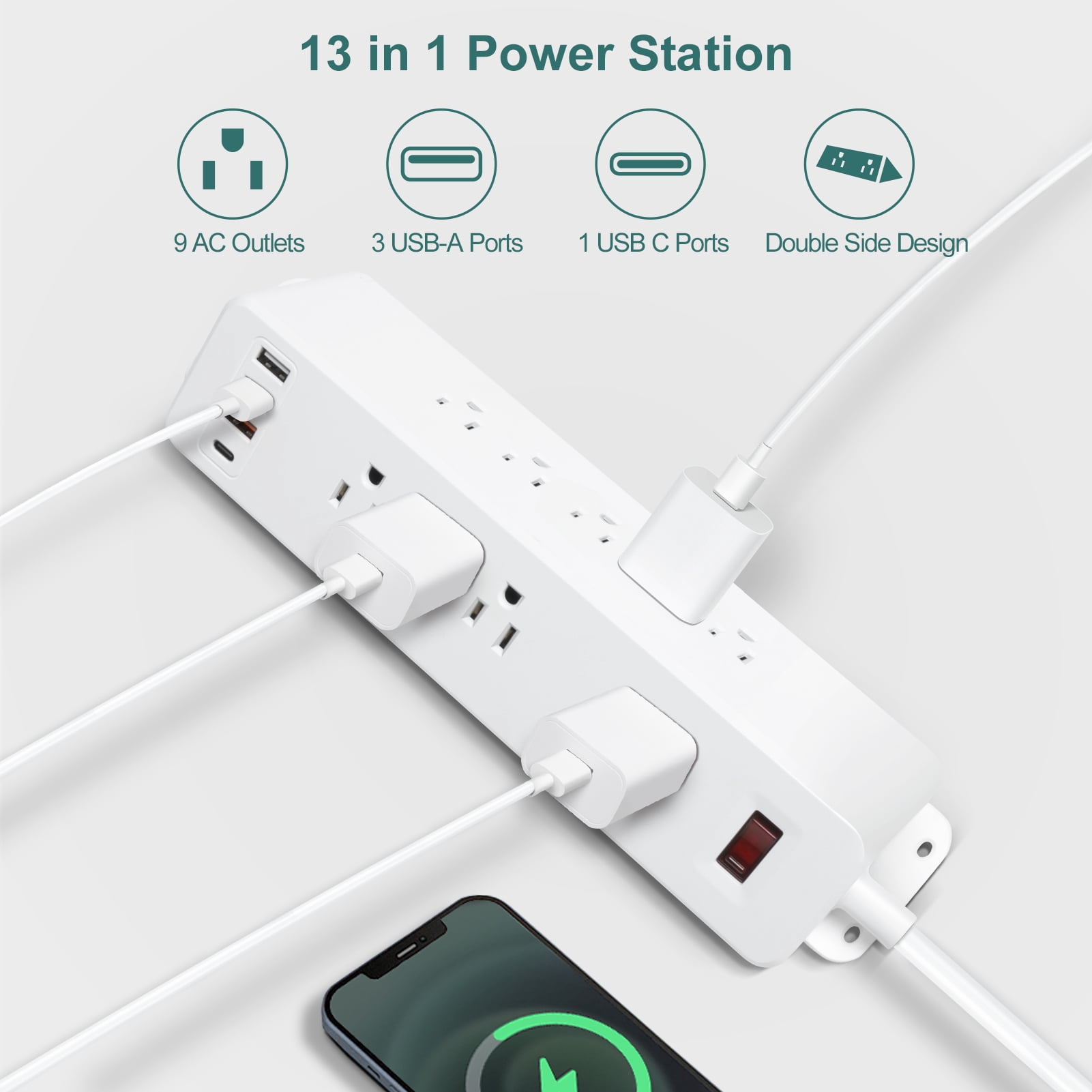9 Outlets Wall Mount Power Strip with Fast Charge USB C, 13-in 1 Electrical Outlets