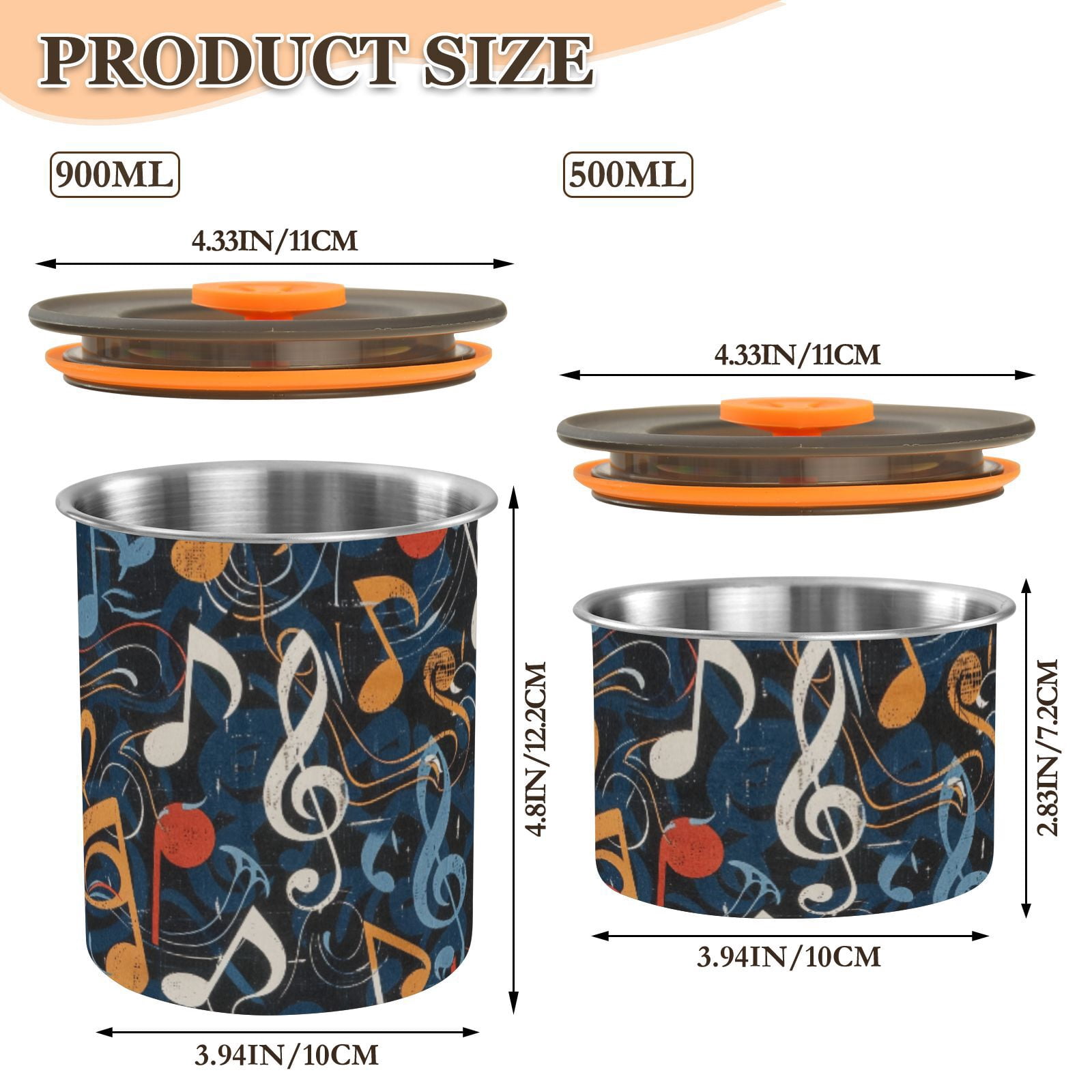 Music Note Musical Airtight Coffee Bean Canister 30oz Food Storage Containers with Lids For Gournd, Tea, Sugar, Flour, Rice, Cereal, Candy Cookie Jar