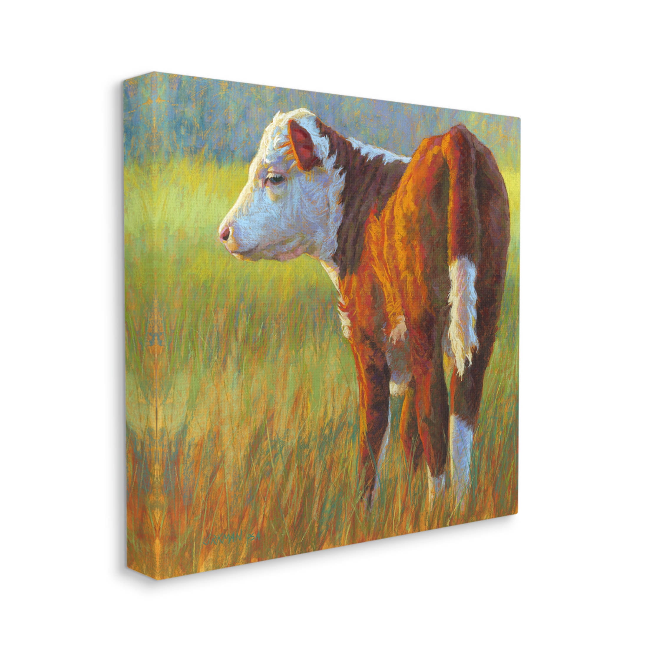 Cow Grazing Grassy Farm Animals & Insects Painting Gallery Wrapped Canvas Print Wall Art