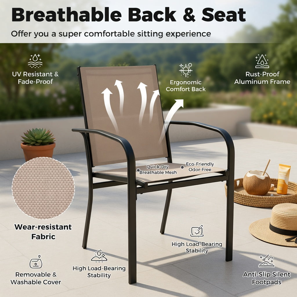 Hommoo 2-Pack Outdoor Dining Chairs, High-Back Metal Patio Chairs with Ergonomic Lumbar Support, Stackable & Weather-Resistant Fabric, Light Brown