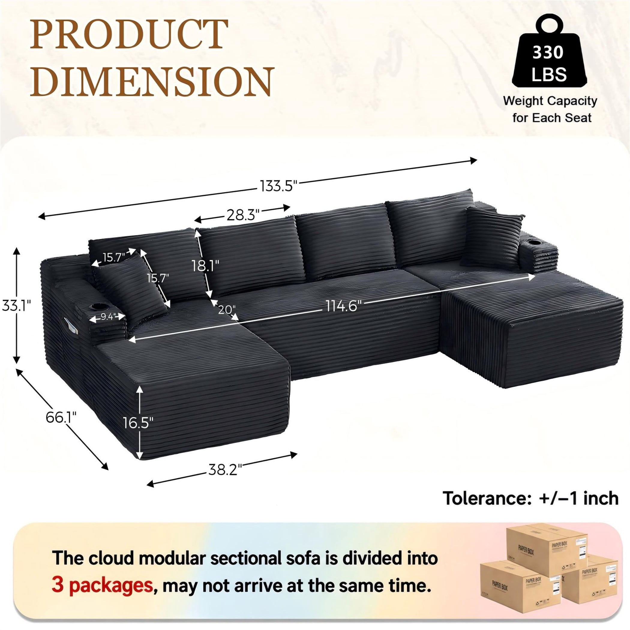 Aukfa 133" Cloud Sectional Sofa Oversized Boneless Couch Modular U-Shaped Couch, Double Chaise Corduroy Sofa for Living Room, Dark Gray