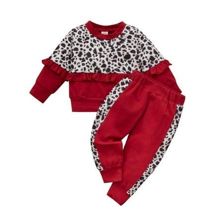 

Patgoal Baby Girl Clothes 6M-3Y Baby Girl Leopard Tshirt + Pants Stitching Long-sleeved Trousers Two-piece Red