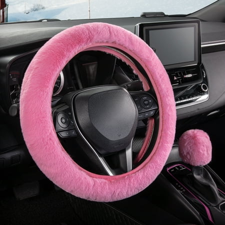 SEG Direct Furry Car Steering Wheel Cover with Fluffy Gear Shift Cover Soft Warm Non-Slip Car Decoration for Women Girls 2 PCS Set, Pink