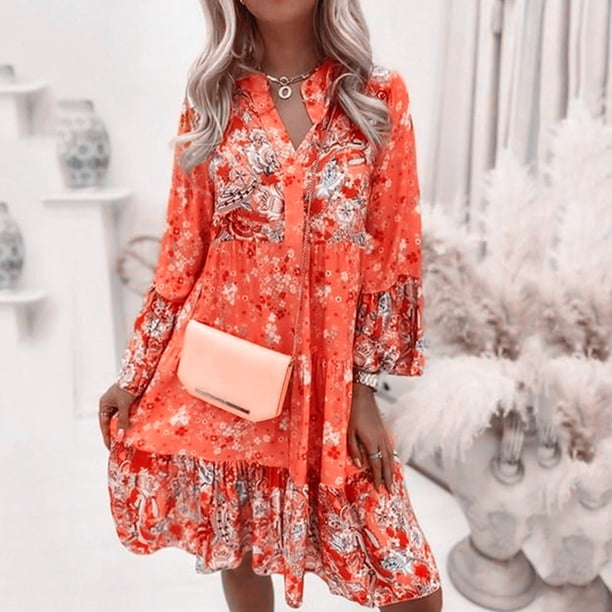 WILLBEST Vestidos Casuales Vestido Túnica Bohemio Holgado con Borlas y Cuello Anudado Estampado Estilo Étnico Vintage para Mujer 654 Mediana