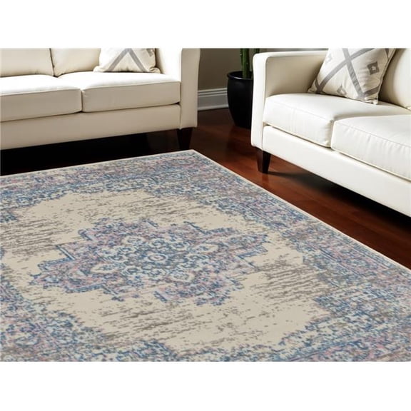 HomeRoots 550814 9 x 12 ft. Floral Medallion Distressed Non Skid Rectangle Area Rug, Ivory & Blue
