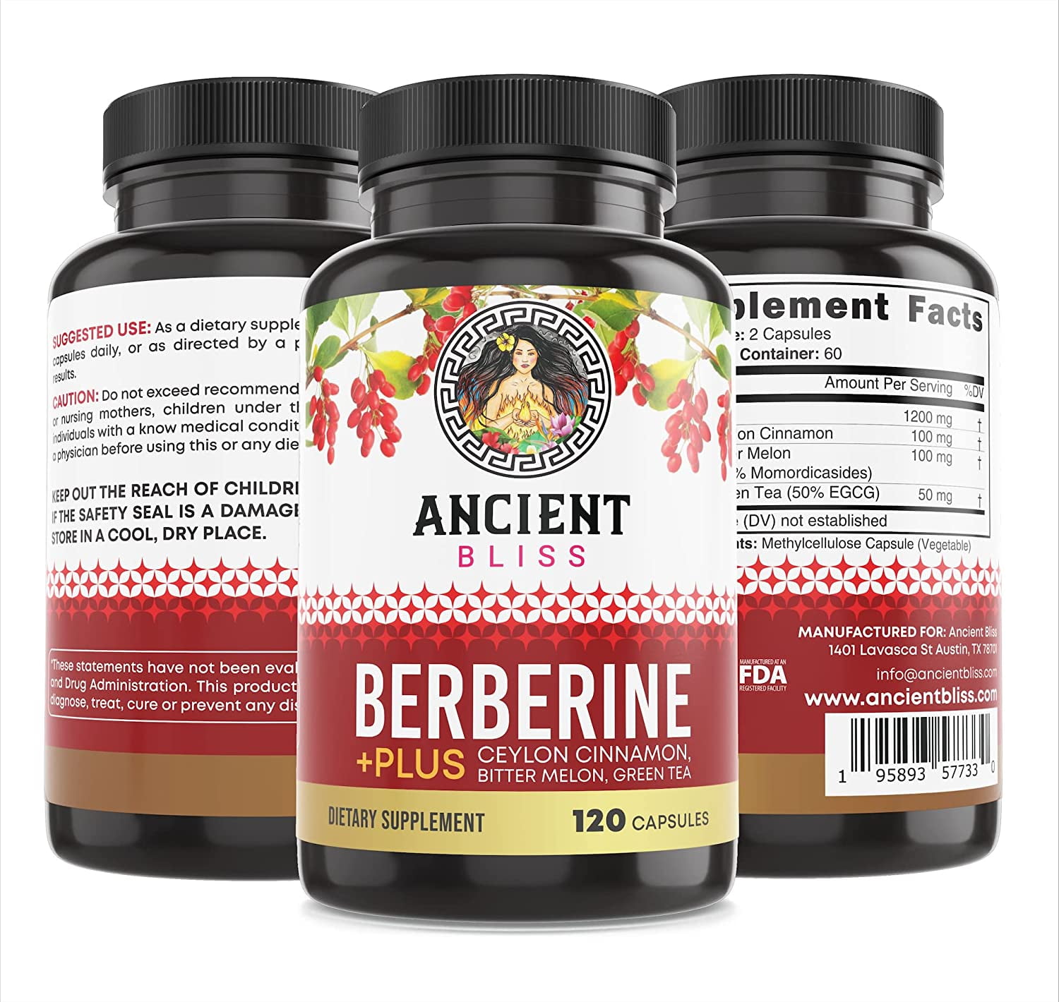 Ancient Bliss Berberine HCL 1200mg with Ceylon Cinnamon, Bitter Melon and Green Tea Extract, 120 Capsules