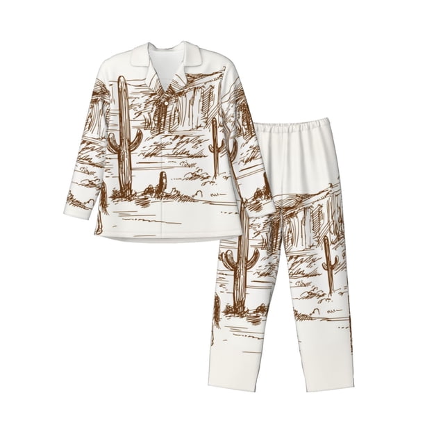 Fotbe Western Desert Cowboys Pijama de Hombre con Estampado de Manga Larga, Conjunto de 2 Piezas, Ropa de Dormir Suave y Cómoda con Bolsillos-X-Large