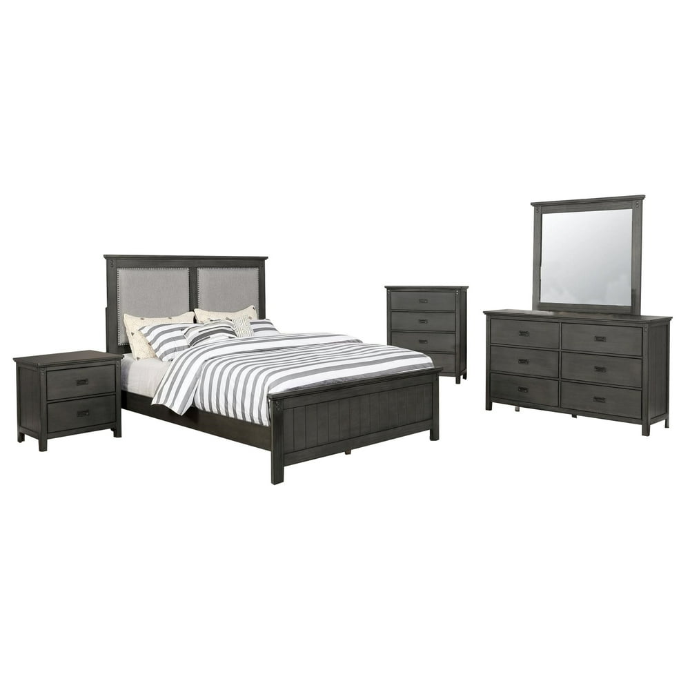 5 Piece Panel Queen Wood and Fabric Bedroom Set, Gray