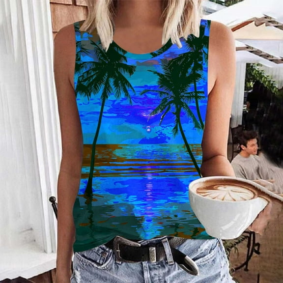 Titcea Womens Tank Tops Round Neck Sleeveless Summer Casual Graphic Tees Hawaiian Beach Holiday Palm Tree Printed T Shirts