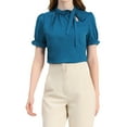 thumbnail image 5 of DARING DIVA Bow Tie Neck Office Elegant Short Sleeve Blouse Top S Peacock Blue, 5 of 7