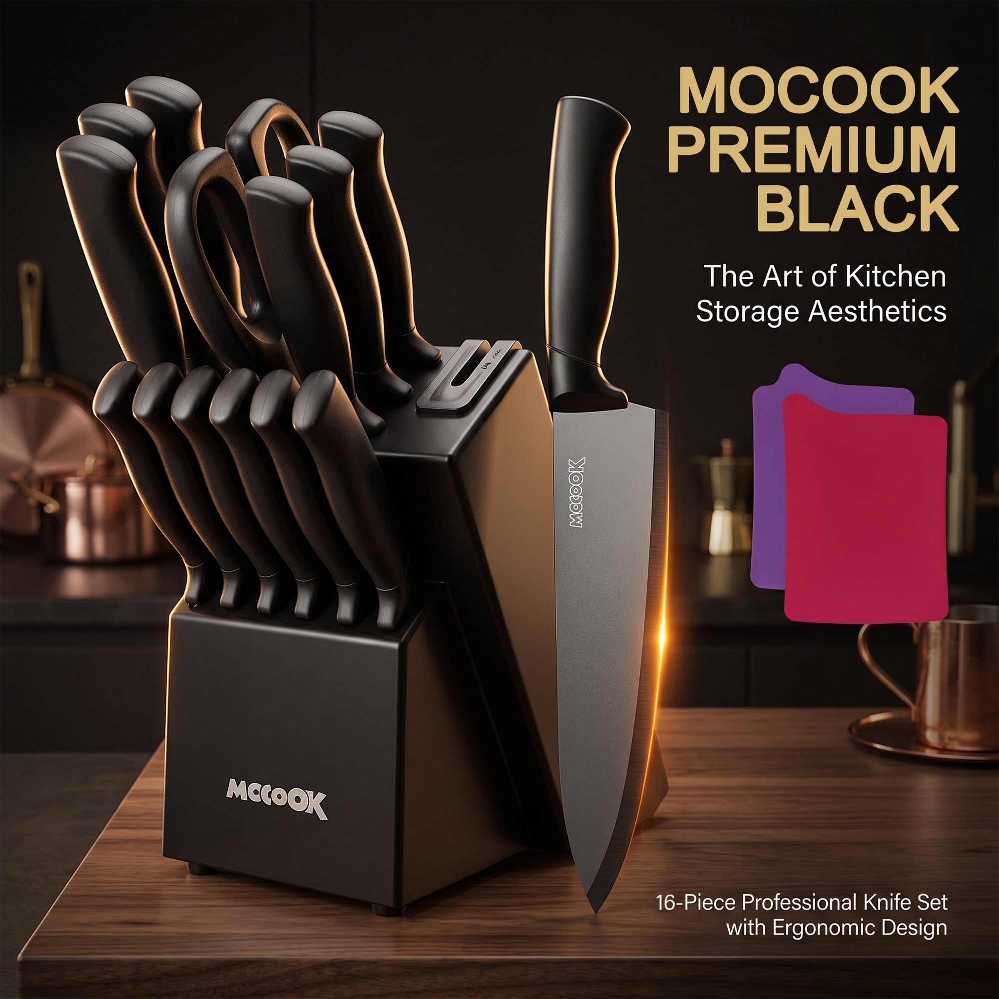 MoCook Kitchen Knife Set, 16 Pcs Knives Block Set with Built-in Sharpener, Healthy Anti-Rust Coating & German Stainless Steel Knife Set, Dishwasher Safe Black