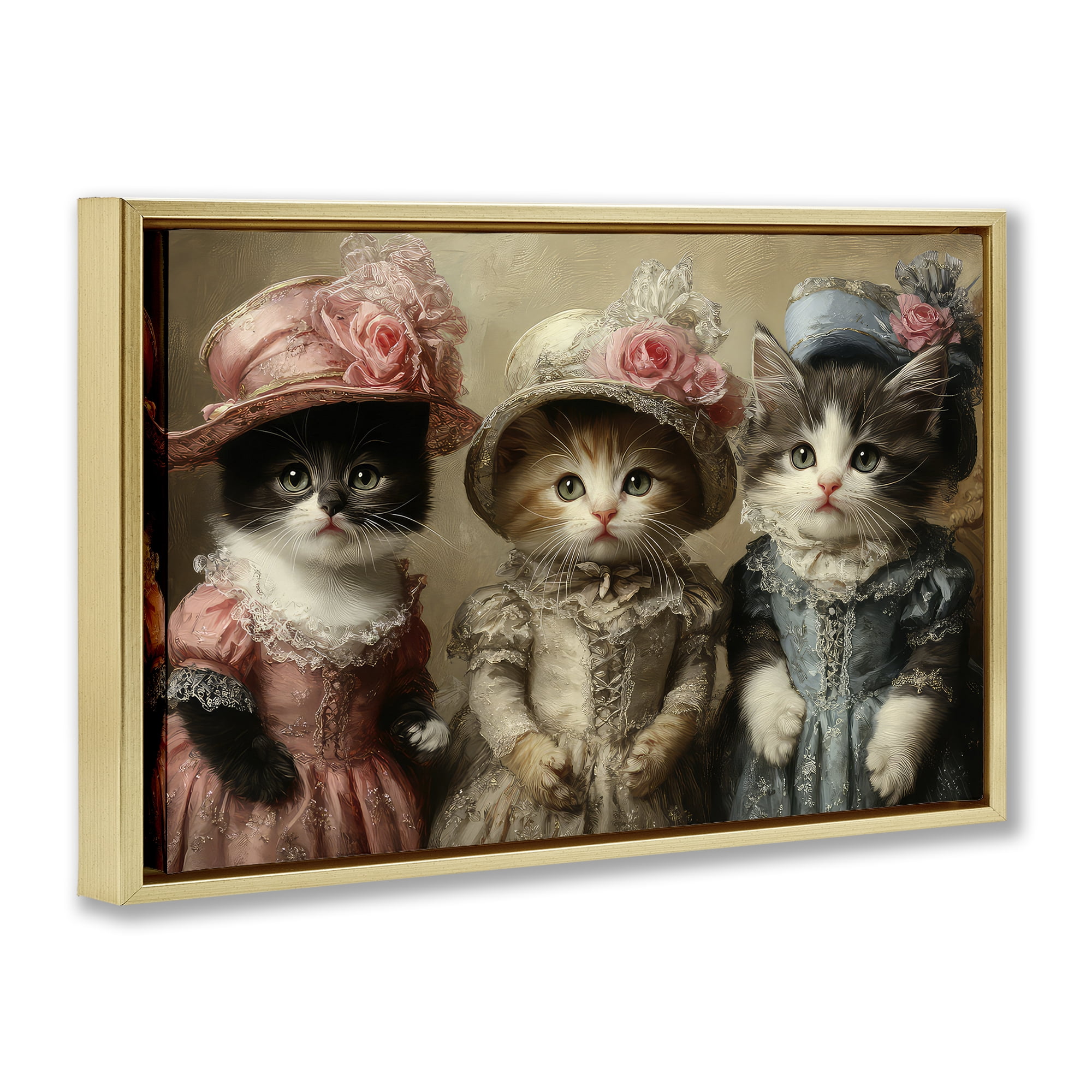Stupell Industries Vintage Dress Cats Gold Framed Floater Canvas Wall Art, design by The Wands Want