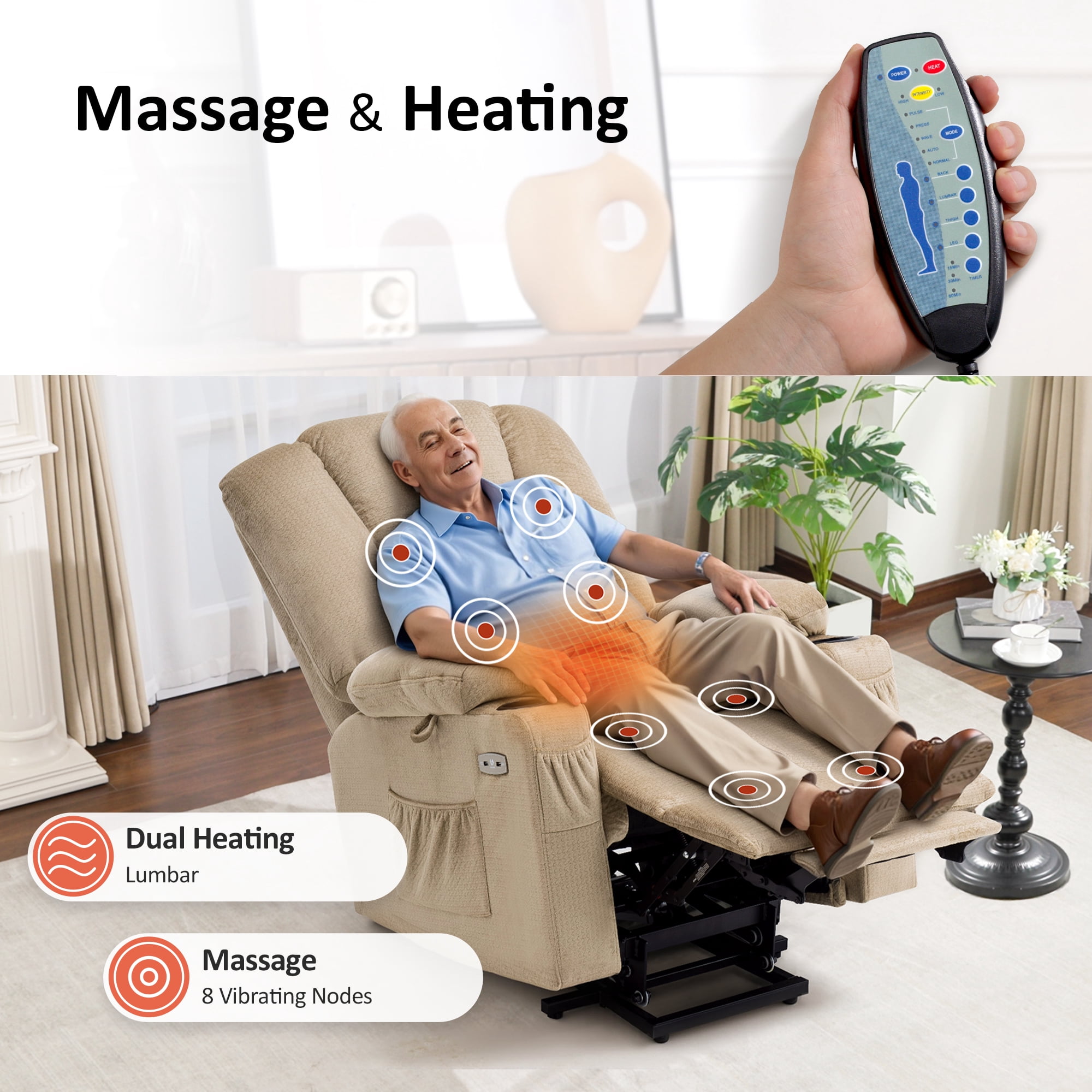 MCombo Large Power Lift Recliner Chair Sofa with Massage and Heat for Elderly People, Extended Footrest, Hand Remote Control, Cup Holders, USB Ports, Fabric 7549 (Large, Beige)
