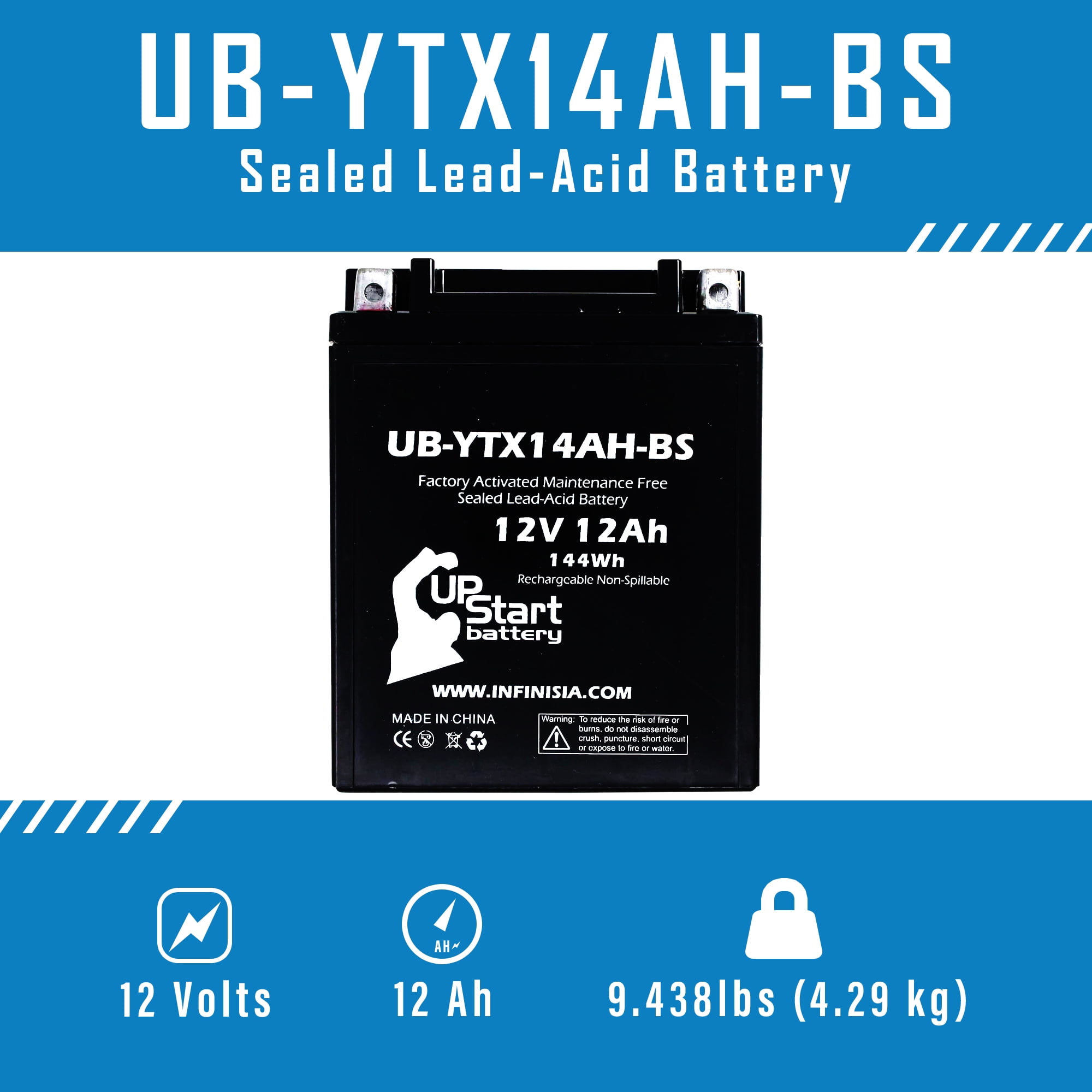 UB-YTX14AH-BS Battery Replacement for 1987 Yamaha YFM225 Moto 4 225 CC ATV - Factory Activated, Maintenance Free, Motorcycle Battery - 12V, 12AH, UpStart Battery Brand