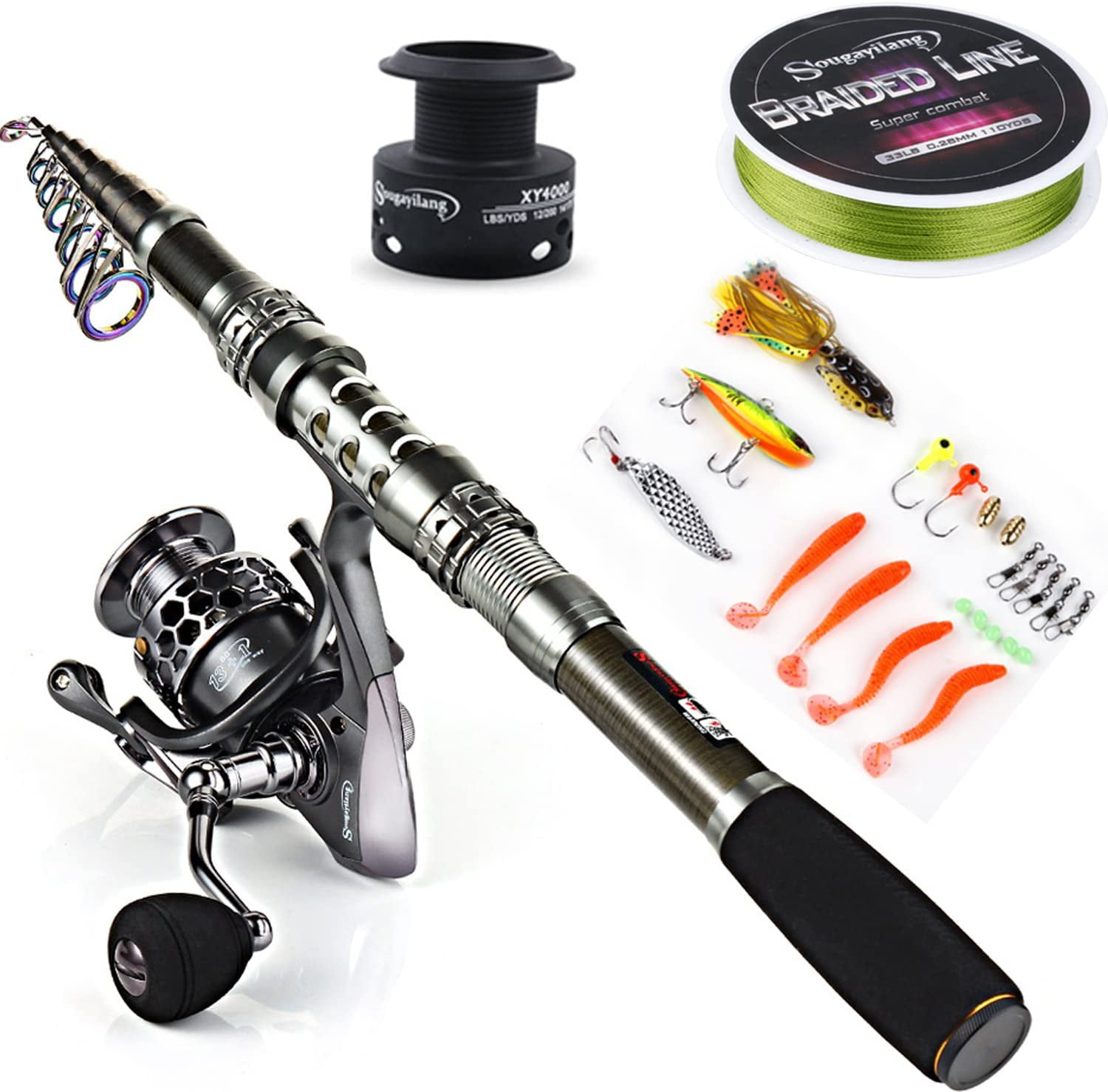 Telescopic Spinning Fishing Rod and Reel Combo Gear Tackle Saltwater Freshwater 