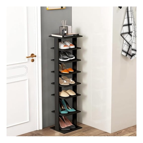 7 Tiers Vertical Shoe Rack, Wooden Slim Shoe Storage Shelf, Narrow Shoe Stand Tower for Boots, Space Saving Shoe Organizer for Closet, Entryway, Front Door (Small, Black)
