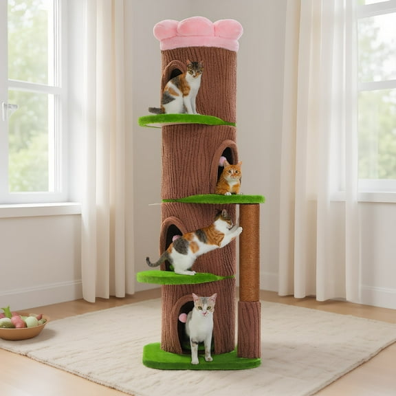Pefilos 68" Tall Forest Cat Tree Tower with 4 Condos, Flower Top Bed & Thick Scratching Post (φ3.8in), Large Heavy Duty Tree That Looks Like a Tree for Multi-Cat, Brown