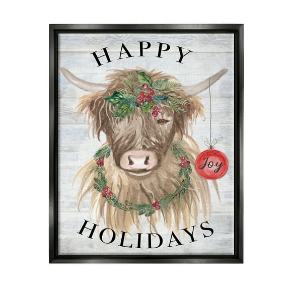 Stupell Industries Farmhouse Holiday Cow Holiday Painting Black Floater Framed Art Print Wall Art, 17 x 21