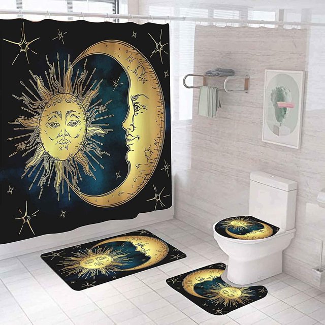 Taysta 4 piezas sol y luna estrella constituyen el ciclo del cielo misterioso arte árabe inspiración juegos de cortinas de ducha alfombra antideslizante, cubierta de tapa de inodoro, alfombra de baño, Afortunado Sencillez