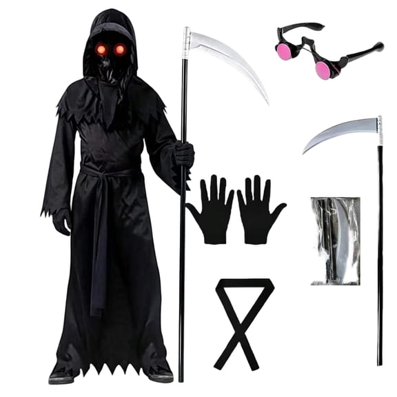 Halloween Grim Reaper Costume for Adults, Light-Up Red Eyes Hooded Robe with Scythe & Gloves, Glow-in-the-Dark Death Outfit, 1 Set Black L