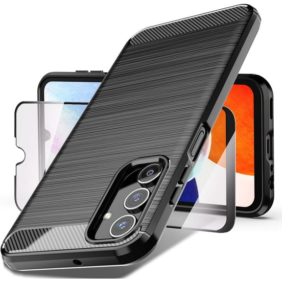 for Samsung Galaxy A15 5G Case with Tempered Glass Screen Protector, Shock-Absorption Brushed Flexible Soft TPU Carbon Fiber Protective Cover for Samsung A15 5G (Black, Samsung A15)