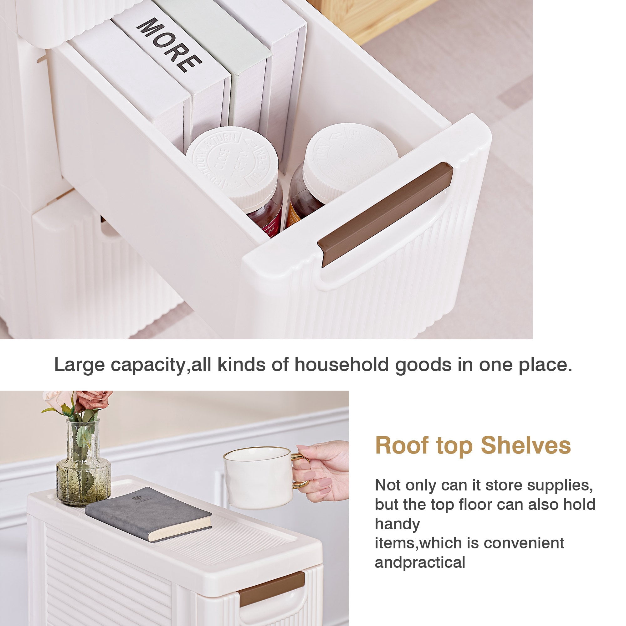 VECELO 5 Drawers Small Bathroom Stackable Storage Cabinet Floor Side Cabinet, Freestanding Plastic Narrow Lim Corner Slide Out Drawer Storage, For Bedroom Kitchen, White