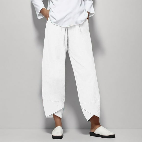 Lroveb Linen Pants for Women Plus Size High Waisted Summer Beach Lounge Pants Pants Cotton Casual Home Female White