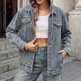 thumbnail image 4 of Nowekniz Women's Hooded Denim Shacket Jacket, Drawstring Button Front Long Sleeve Washed Jean Jacket with Pockets, Casual Western Outerwear, 4 of 5