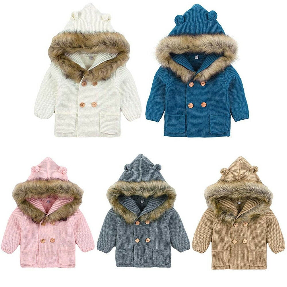 Toddler Kids Baby Boys Girls Fur Collar Hooded Knitted Tops Warm Coat Clothes 