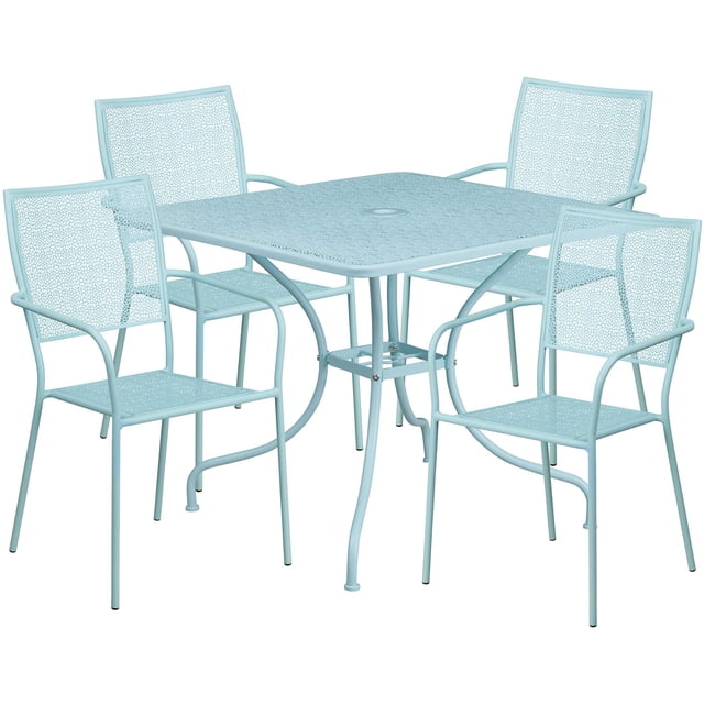 Bowery Hill 5 Piece 36" Square Steel Flower Print Patio Dining Set in Blue
