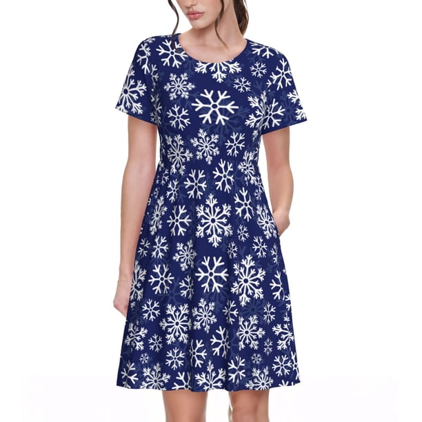 Balery Snowflakes On Dark Blue Vestidos sueltos de manga corta para mujer, vestidos de verano 2025, vestidos casuales de corte A con vuelo.