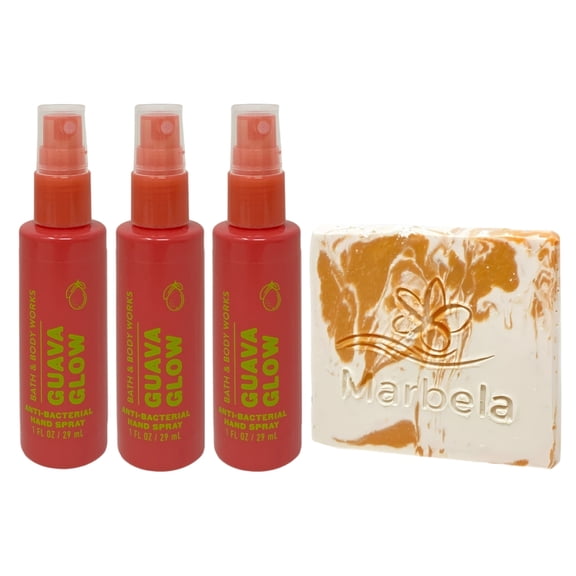 Bath & Body Works Guava Glow 3 - Hand Sprays - (1 fl oz / 29 ml Each) with a Peach Gardenia Mini Soap