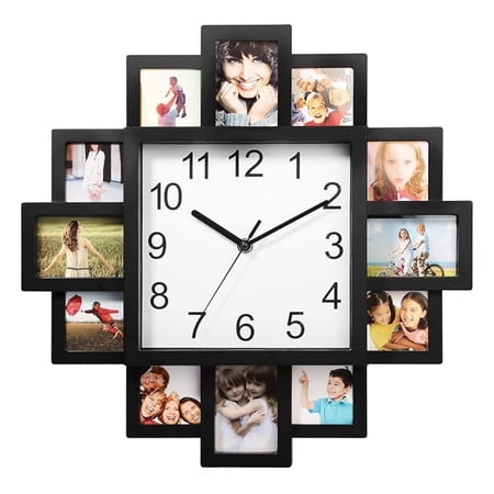 Wall Clock with Photo Display, 12 Picture Collage Clock, Plastic Wall Mounted Frame for Home Decor - Black