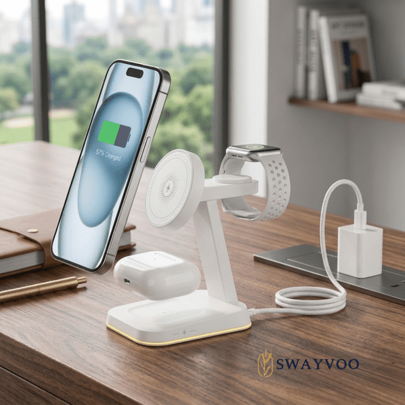 Swayvoo MagSafe Wireless Charging Station 3-in-1 with LED Night Light — 15W Fast Charger for iPhone 17 16 15 14 13 12, Apple Watch, AirPods