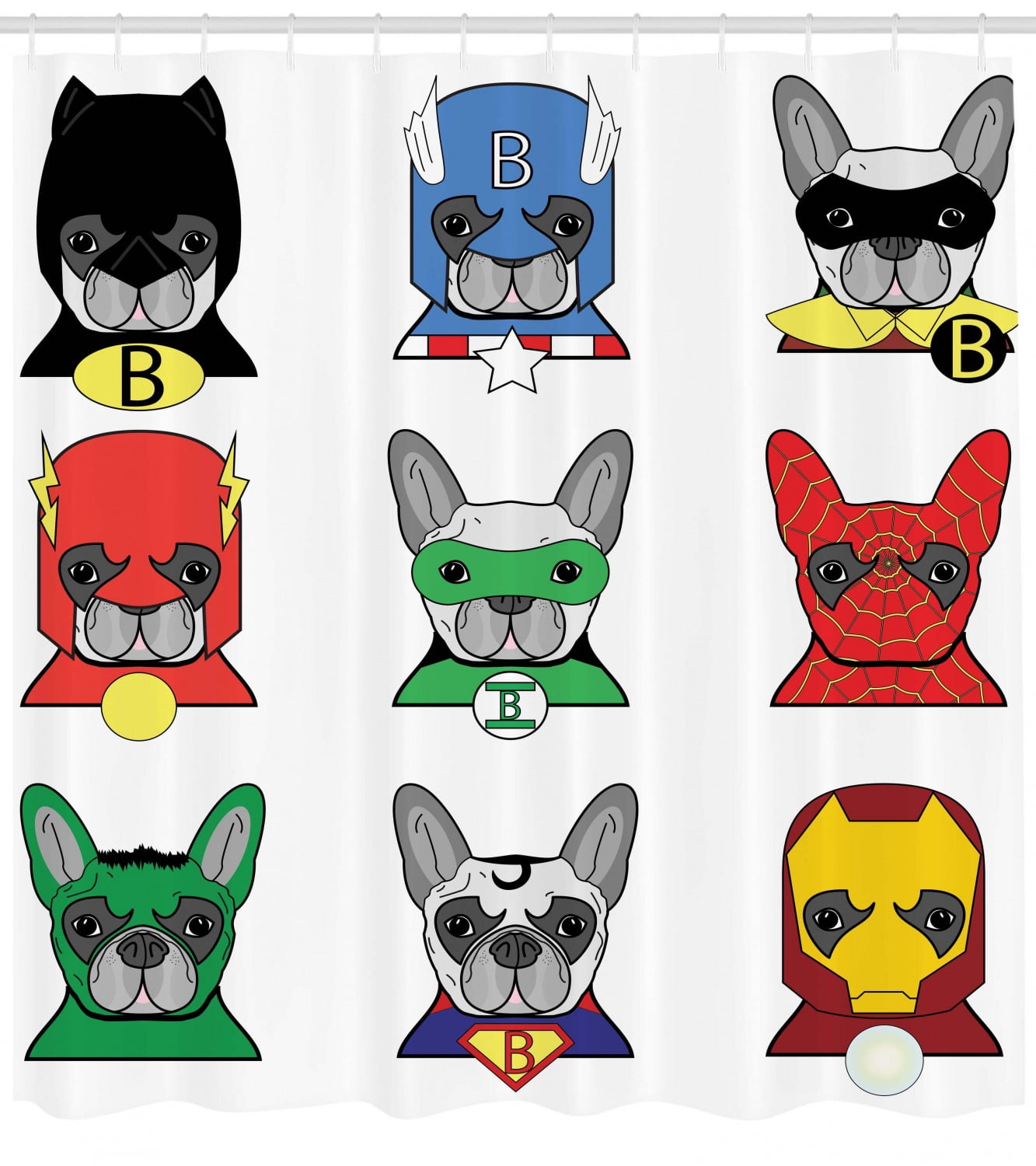 Superhero Shower Curtain Bulldog Superheroes Fun Cartoon Puppies
