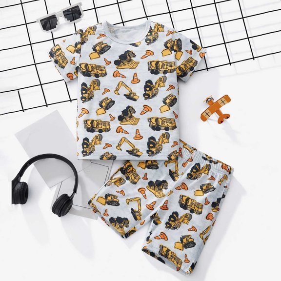 Little Boys Summer Outfits Cartoon Excavator Truck Printed Short Sleeved Top and Shorts Two-Piece Set Size 5-6T ,Red