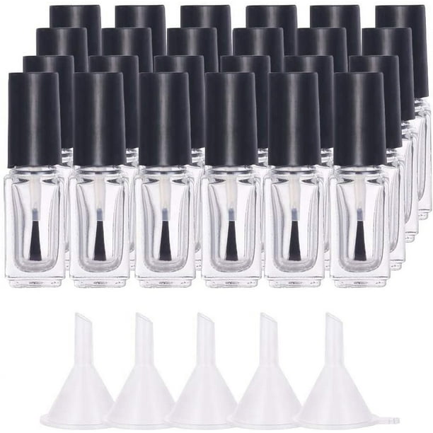 24 frascos de esmalte de uñas vacíos de 5 ml, de vidrio transparente, con tapón de pincel y 5 embudos.