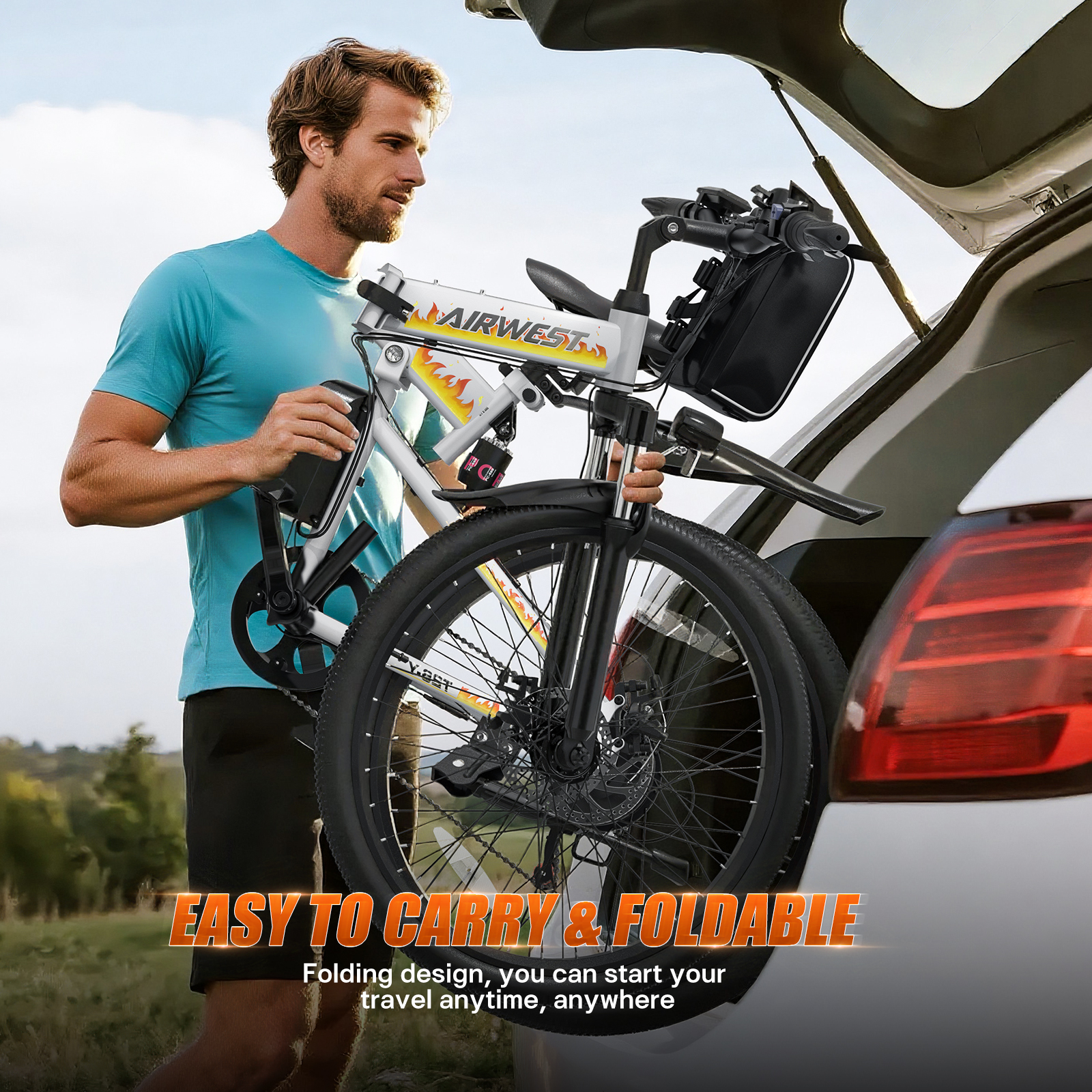 AIRWEST 26″ Folding Electric Bike – Peak 750W Motor, 48V Removable Battery, Up to 50-Mile Range, 7-Speed Gears, Front & Rear Suspension, Dual Disc Brakes – Adult Commuter/City/Off-Road E-Bike