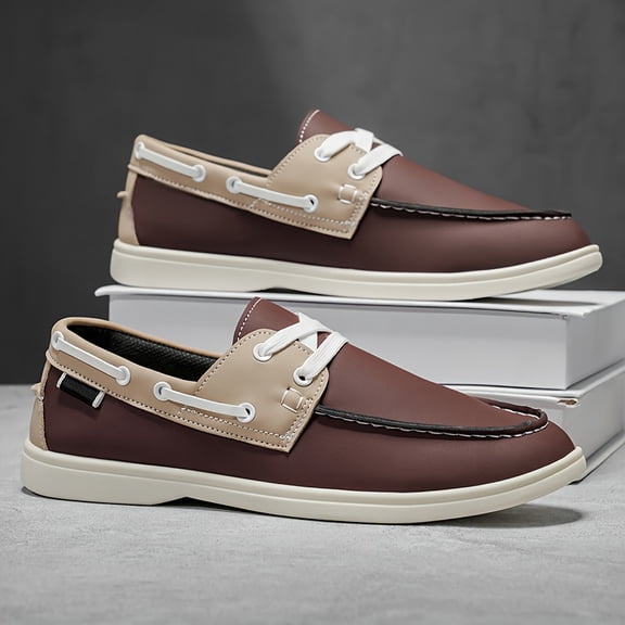 Men'S Slip-On Loafers - British Style Casual Shoes with White Laces, Brown & Beige, Round Toe, Rubber Sole, Versatile Footwear | British Style Loafers | Synthet All-Season Comfort for Casual Attire,