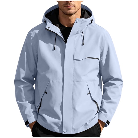 FSYBOA Men's Hooded Rain Jackets Size 5XL, Hiking Full Zip Windproof Waterproof Men's Windbreaker Light Blue