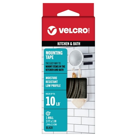 VELCRO Brand Kitchen & Bath Mounting Tape, Moisture Resistant, 3ft x 1in Black Strips