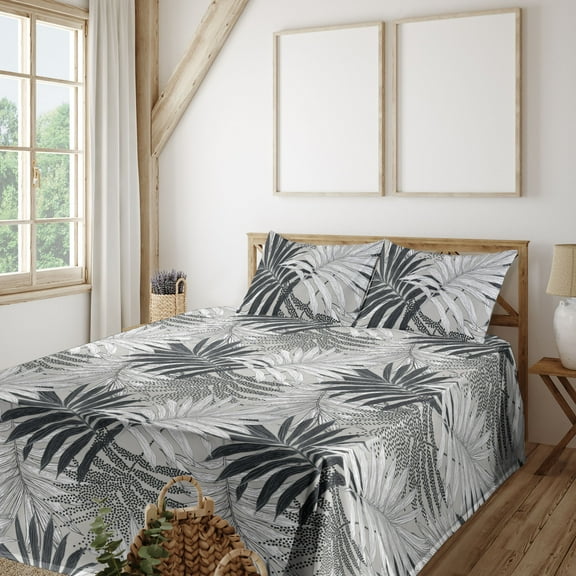 Ambesonne Tropical Fitted & Flat Sheet with Shams 4 Pcs Set, Exotic Leaves Dots Dark, King, Charcoal Grey and White