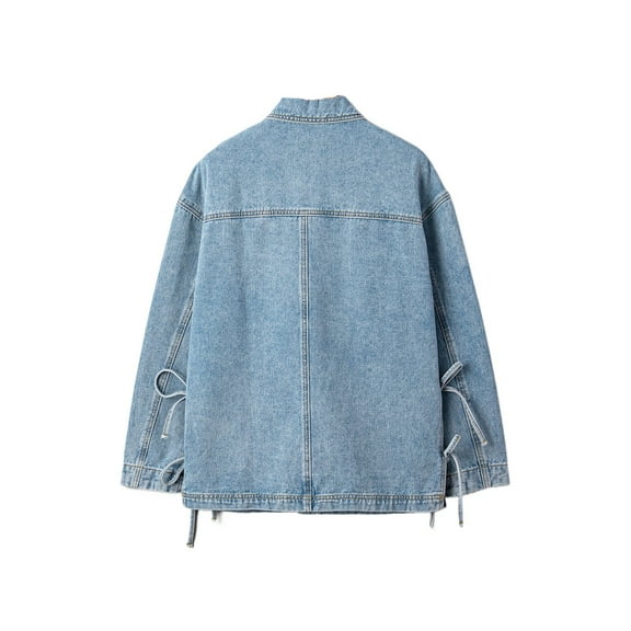 Beau Blue Boyfriend Style Denim Jacket with Multi Patched Pockets and Side Tie - [ZhiHiMeRi] | L