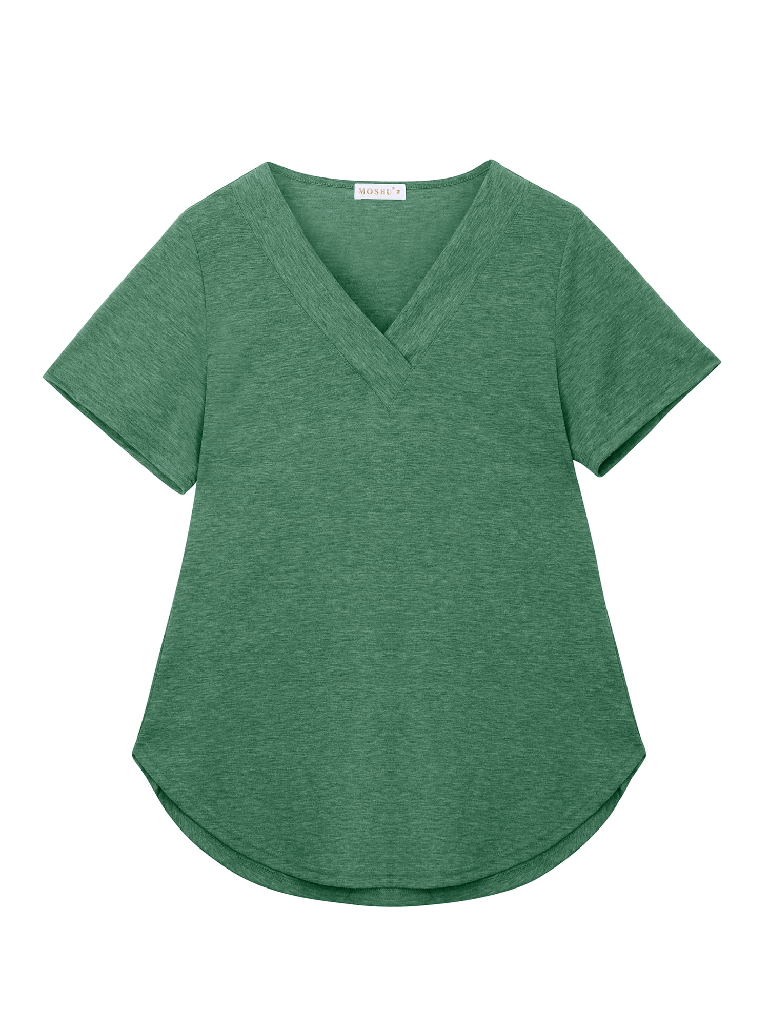 MOSHU Deep V Neck Womens Tops Curved Hem Shirts for Women Fashion Trendy Blouses Casual Loose Fit Tees Tops
