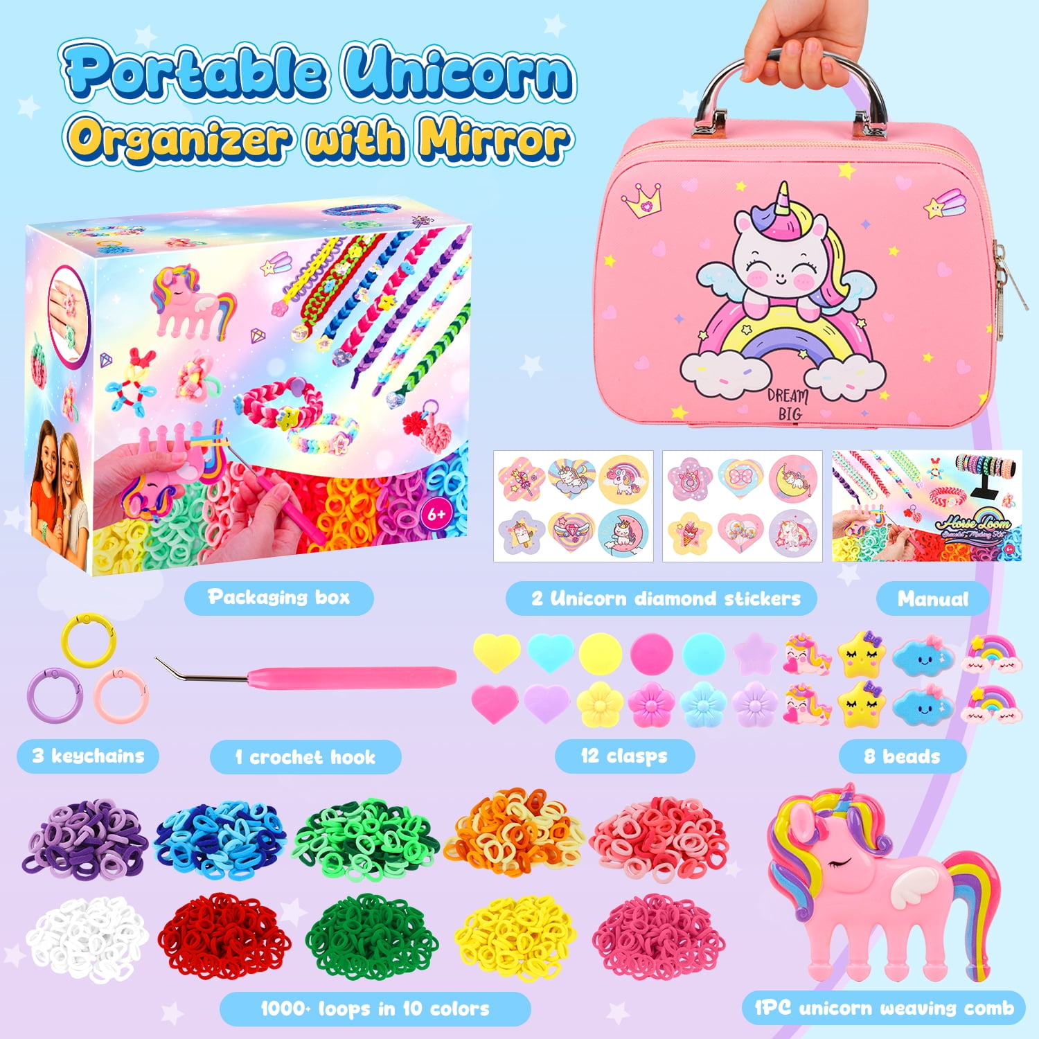 Carsky Unicorn Bracelet Making Kit for Girls, 1000+ Loom Bands DIY Friendship Bracelet Set with Organizer Case & Mirror, Charms, Beads, Keychains, Craft Gift Toys for Kids Ages 6+