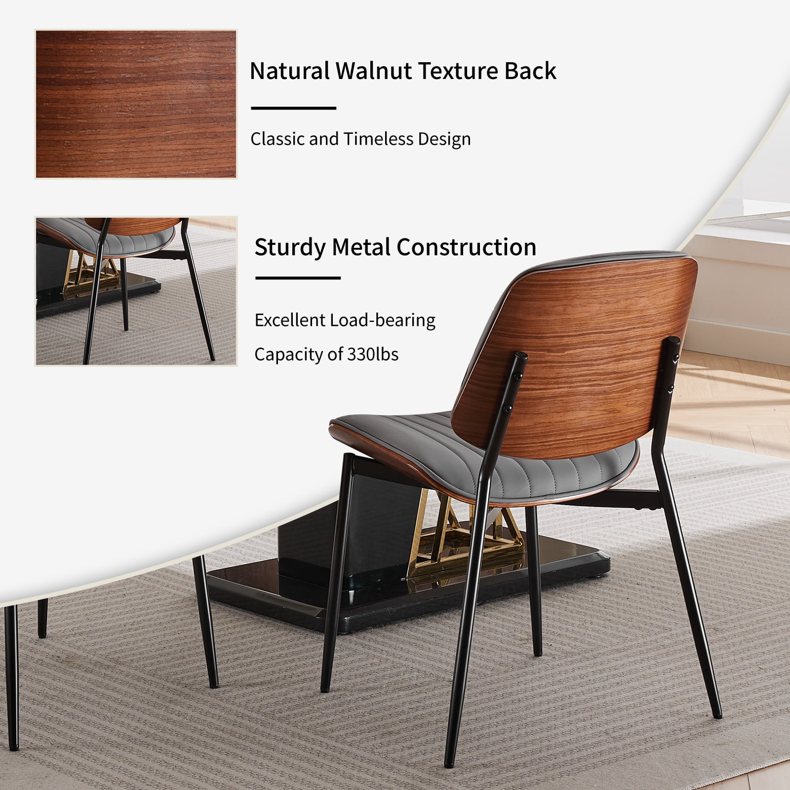 Mid Century Modern Dining Chairs Set of 4, Grey Kitchen & Dining Room Chairs Set of 4, Upholstered PU Leather Kitchen Chairs for Dining Table, Sillas de Comedor, Metal Leg, Walnut Back (Grey, 4 Pcs)