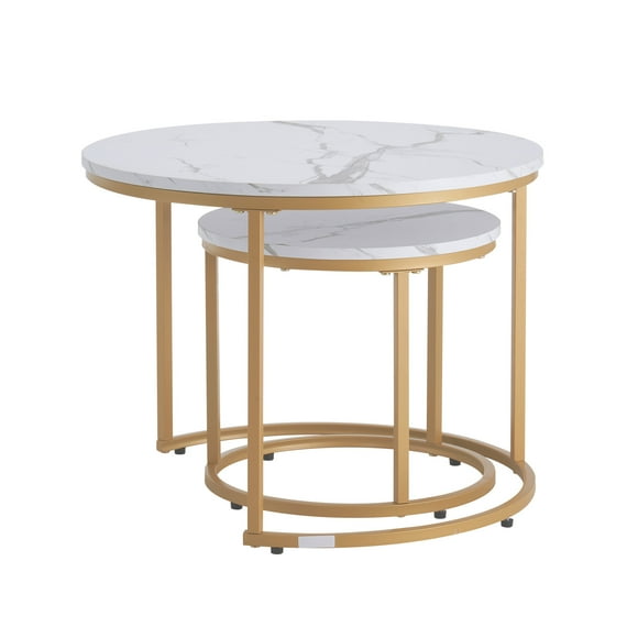 KFFKFF Nesting Coffee Table Set of 2, 23.6 in Round Coffee Table, Nesting Tables for Small Place, Vintage End Side Tables Night Stand with Metal Frame (White & Gold)